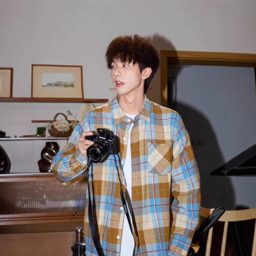 Japanese khaki plaid shirt, outerwear couple's Hong Kong-style chic loose casual couple's collared shirt