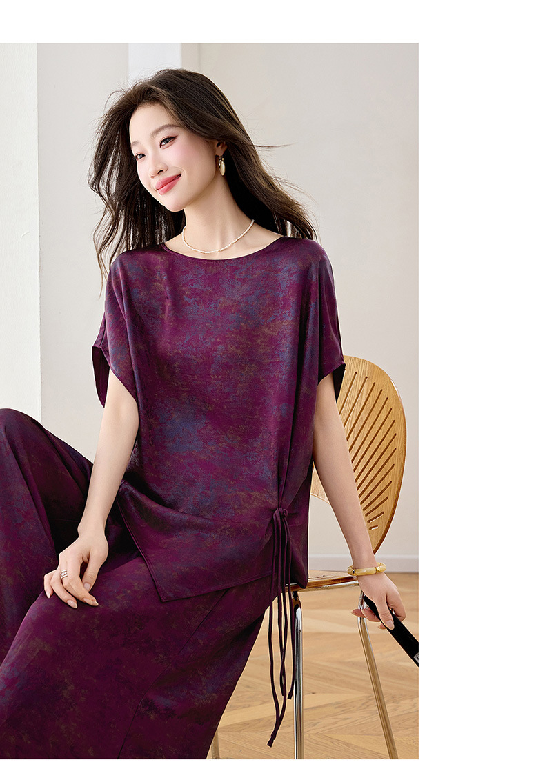 Bộ áo crop top phối quần ống rộng in họa tiết hoa không đối xứng mùa hè 2026 — màu tím, màu vàng chi tiết 21