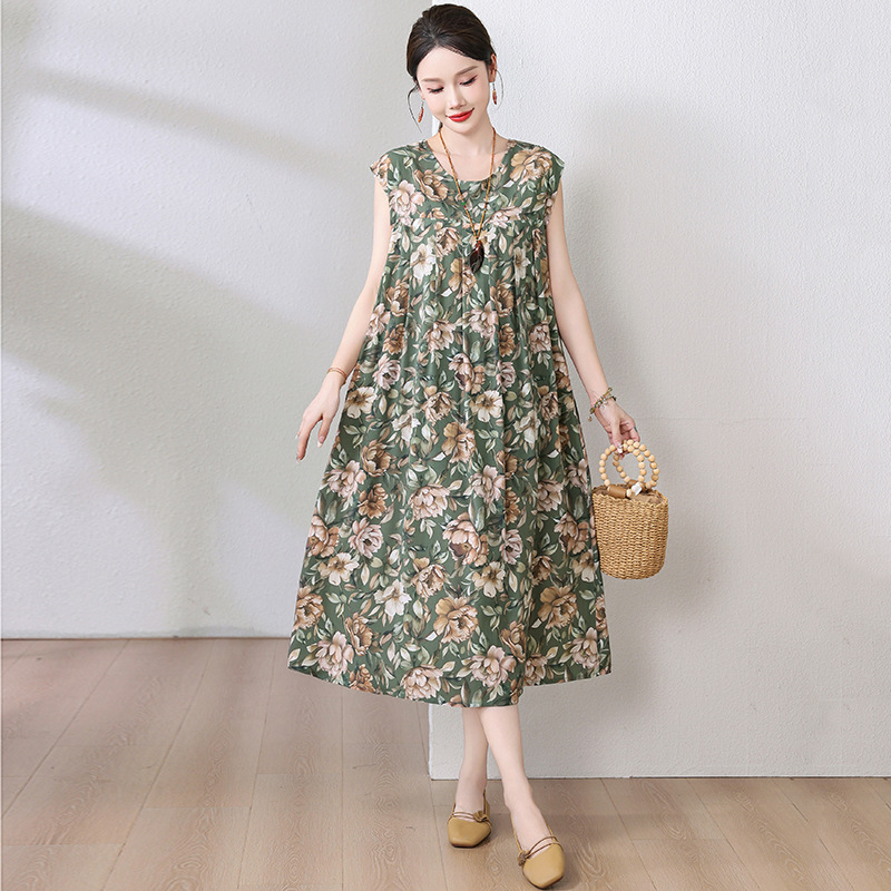 お母さんの綿のシルクのワンピースの半袖の中で老年の夏服の大きいサイズの婦人服は太ってゆったりしている人工綿のスカートの女性をプラスします。|undefined