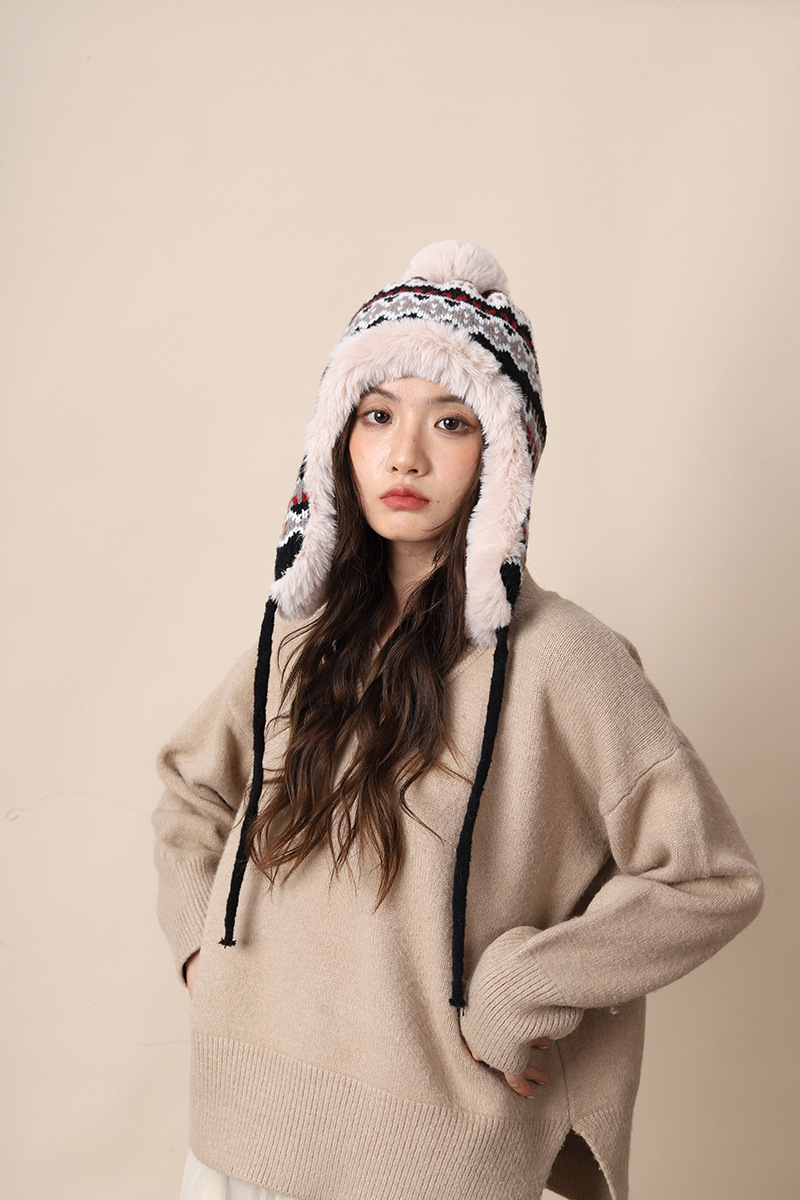 Knitted women in autumn winter, thickened warm, highlighting face and small ear protection, plush for cycling, cold_voghion.com