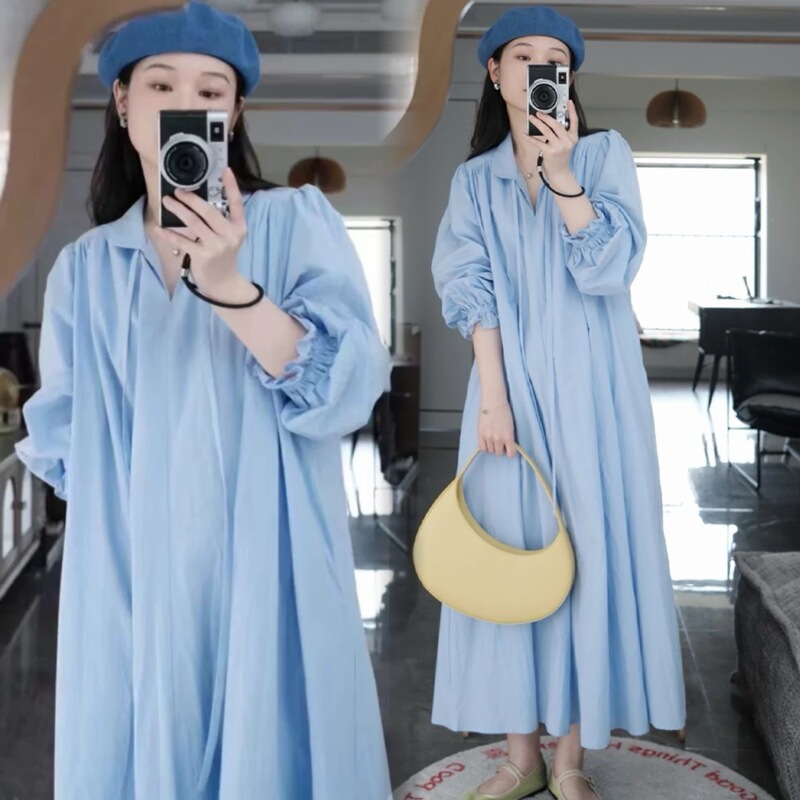 Autumn 2024 New French Style Elegant V-neck Blue dress Women's Warm and Soft Style Slimming All-match Pregnant Women's Dress