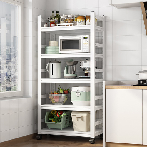 White movable fence style kitchen storage shelf multi-layer household microwave cooking pot rack cabinet storage cabinet