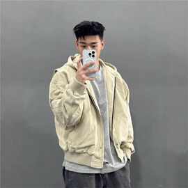 卡其色短款外套男春秋款美式复古工装连帽棒球服高级感哈灵顿夹克
