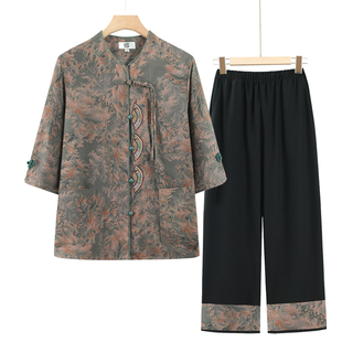 Mom's Summer Two-Piece Suit, New Mid-Sleeve Grandma's Summer Clothes for Middle-Aged and Elderly Women, Loose Tops