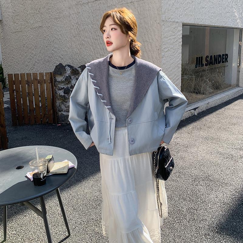 实拍蓝色设计感拼接针织海军领PU皮外套女2025春秋新款小个子上衣|undefined