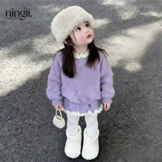 【柠里】2025冬女童超仙小香风花边毛衣短裙针织两件套洋气套装潮