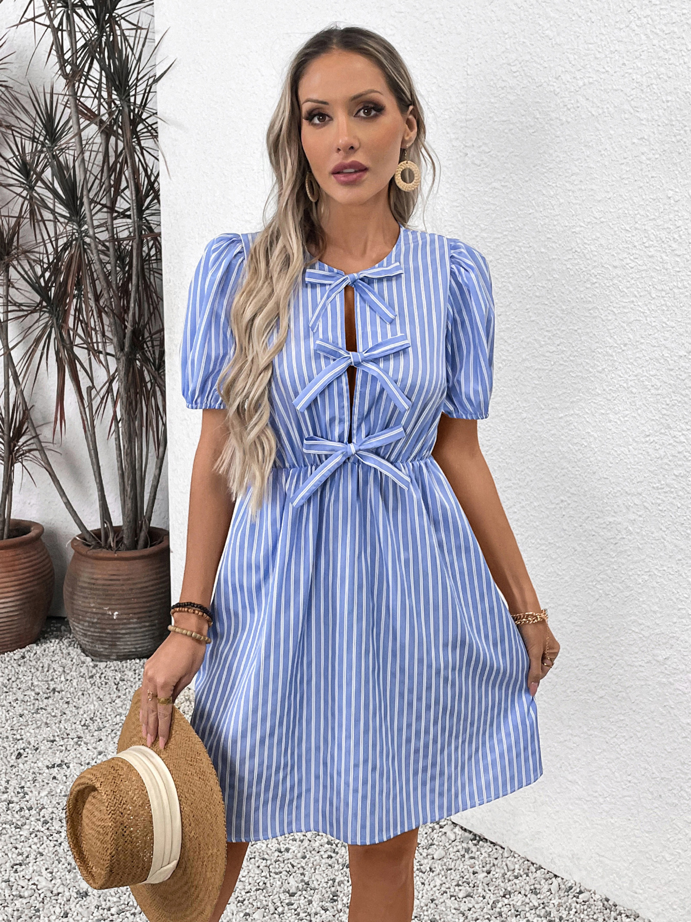 Summer Striped Dress round Neck Bowknot Lace up Dress