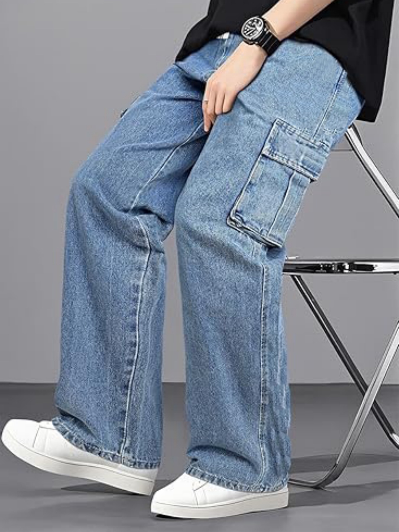High Street Style Men's Cargo Jeans Multi Pocket Loose Fit Wide Leg Floor Length Drawstring Pants_mkmklike.com