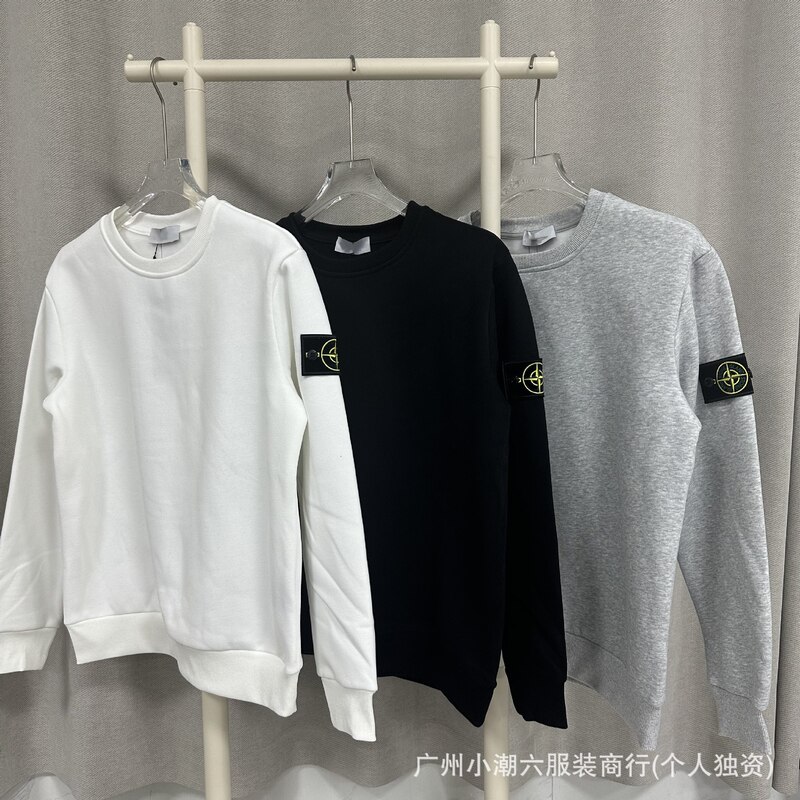 Cross-Border Stone Stone Solid Color Ins Compass Badge Basic Pullover Functional Casual Unisex Crewneck Sweatshirt Island
