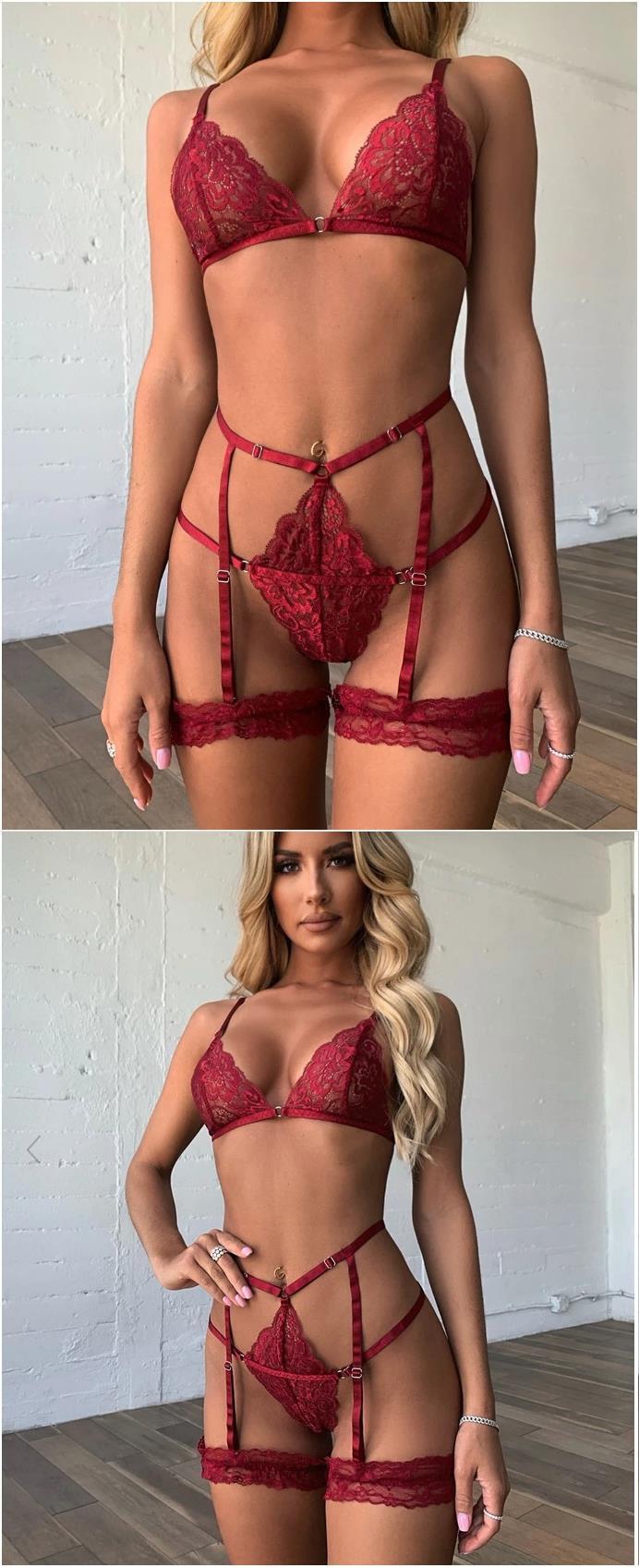 Cross-lace Patchwork Lingerie Set - Burgundy