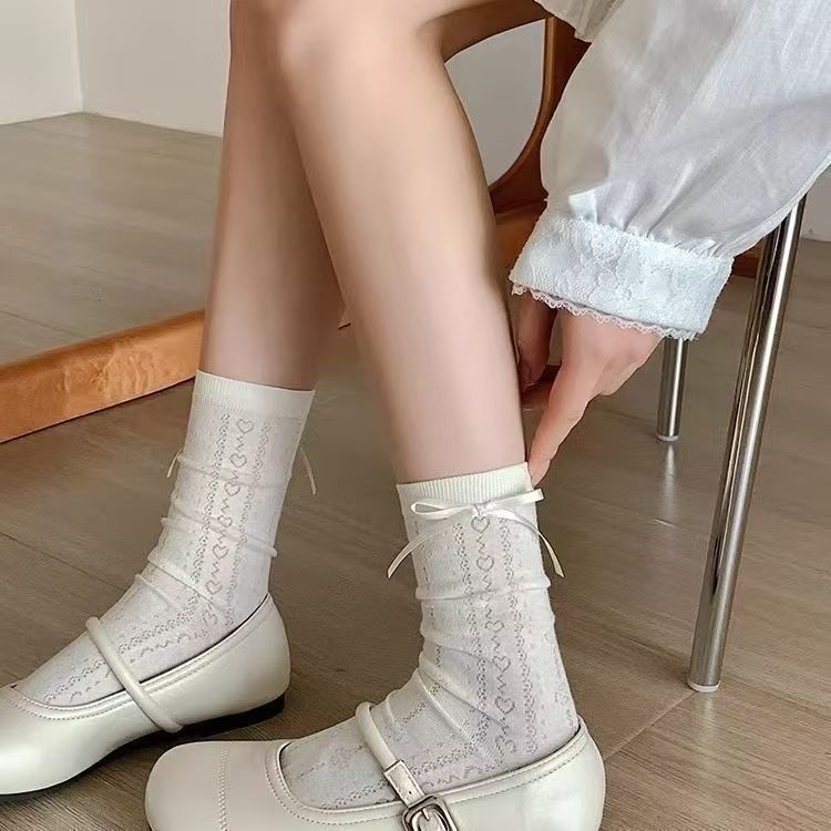 Summer Thin Socks for Women, White Bowknot Mid-Calf Socks, Bubble Edge Lace Socks, Ruffled Edge Mary Jane Slouch Socks Summer Thin Socks for Women, White Bowknot Mid-Calf Socks, Bubble Edge Lace Socks, Ruffled Edge Mary Jane Slouch Socks