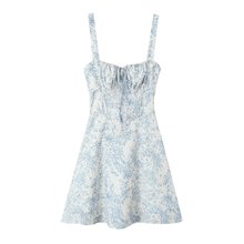 6742-夏季新款女装欧美风抽绳收腰青花瓷印花吊带连衣裙短裙
