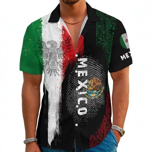 Mexican Eagle Emblem Print Men's Cuban Collar Short Sleeve Shirt, Trendy Casual Shirt