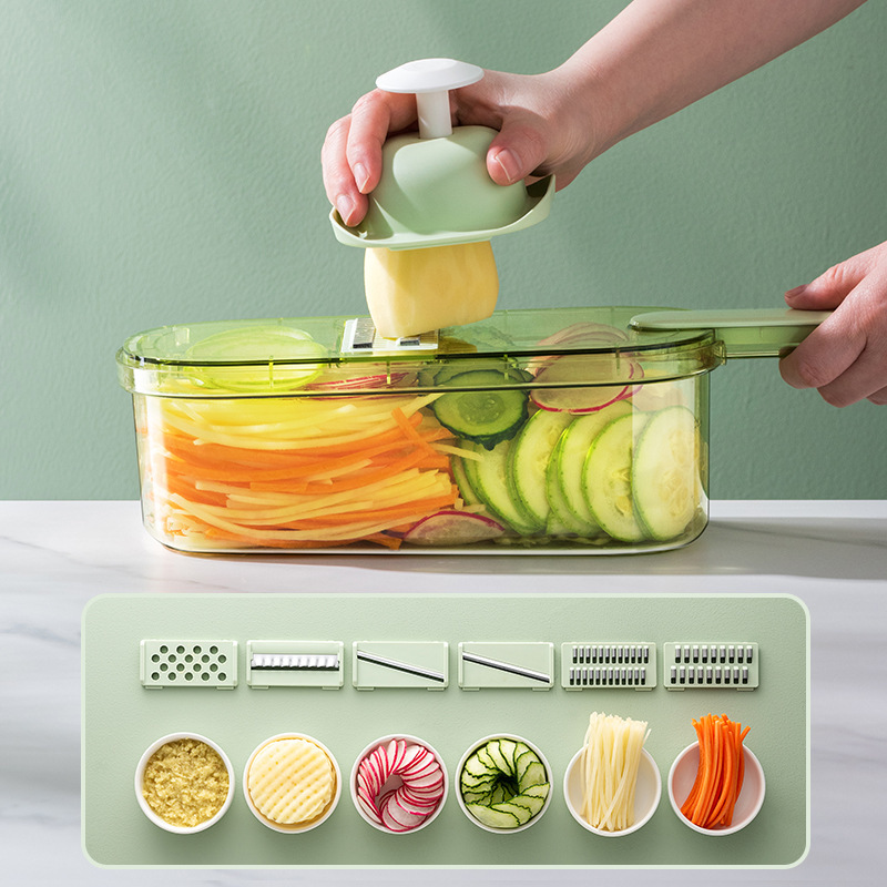 Multi‑function vegetable cutter (kitchen) with collection basket, 3 or 6 blades, for slicing and shredding