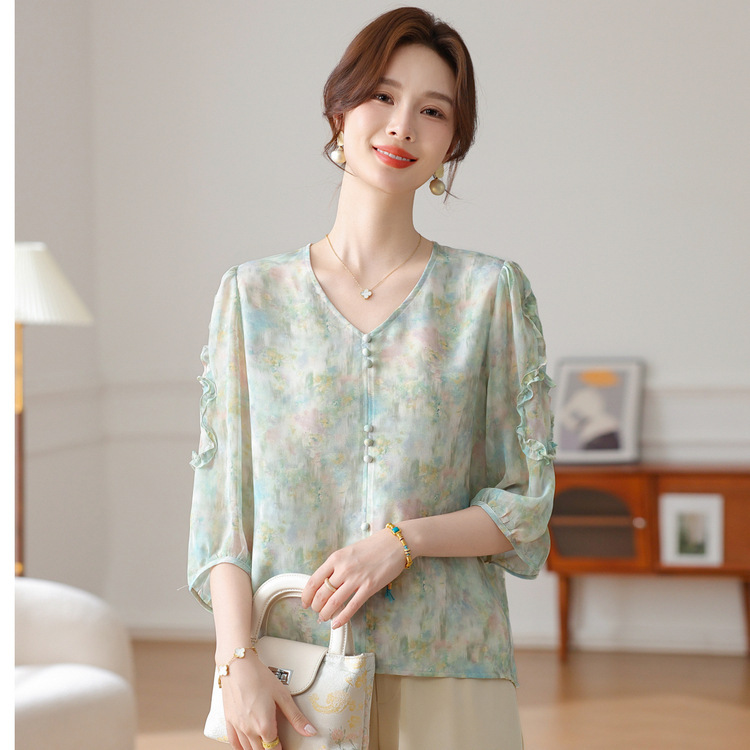 Middle-Aged Mother's New Summer Style Short-Sleeved Shirt, Middle-Aged and Elderly Women's Loose Chiffon National Style T-Shirt Tops