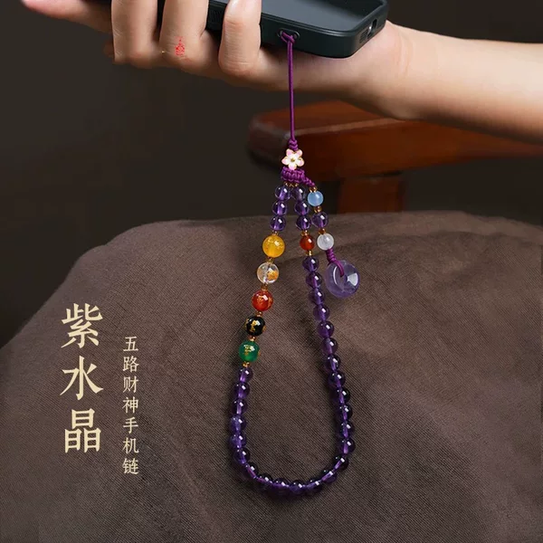 Purple Crystal Five-Way Wealth God Mobile Phone Chain Lanyard Pendant Safety Style Hanging Ornament Dreamy Artificial Crystal Gift for Women
