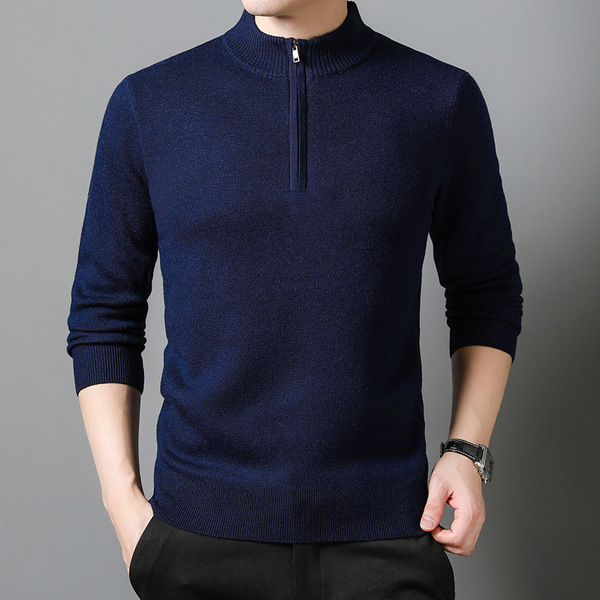Woolen solid color sweater with zipper