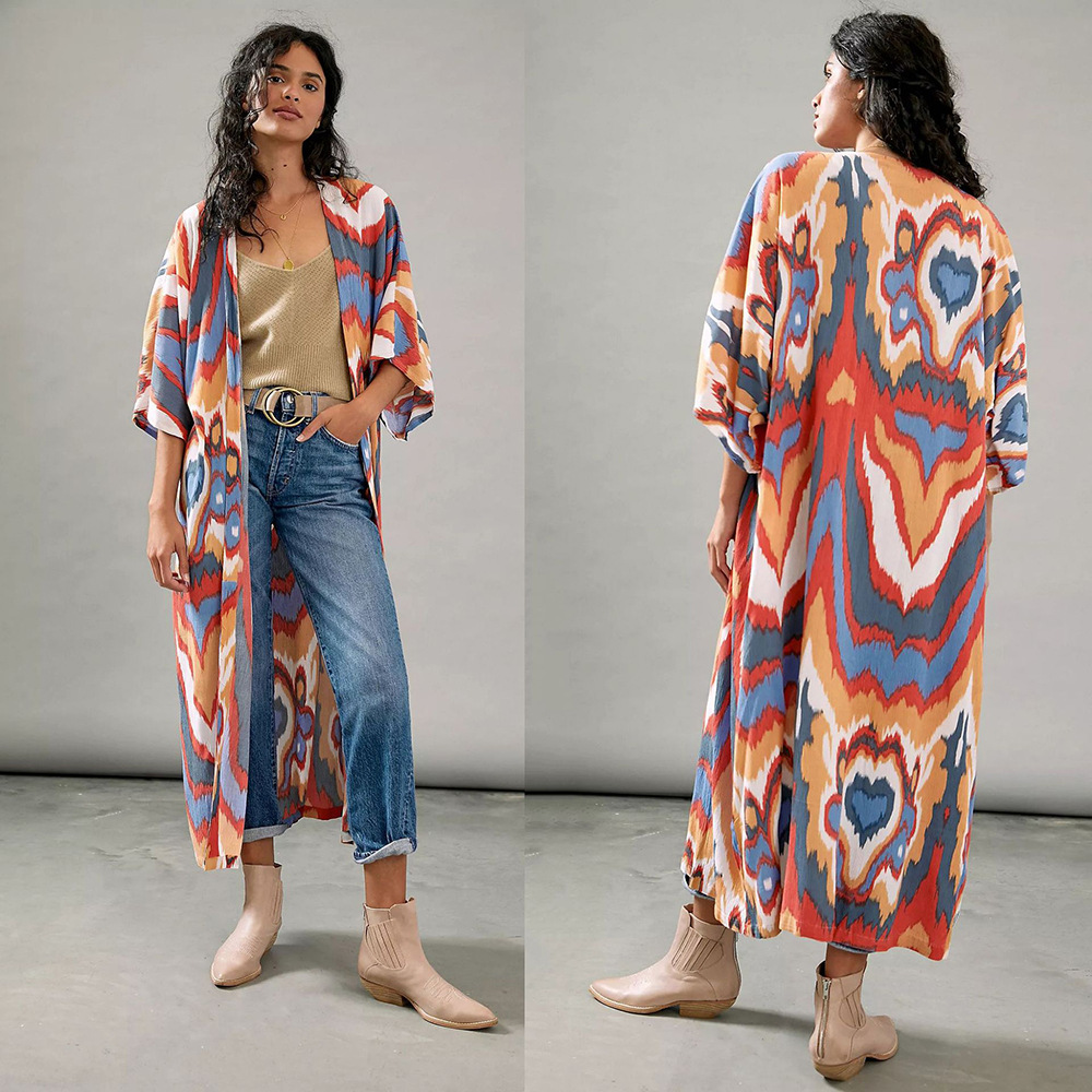 SY05 europea y americana suave crepe impreso vacaciones protector solar cardigan bikini blusa traje de baño chaqueta