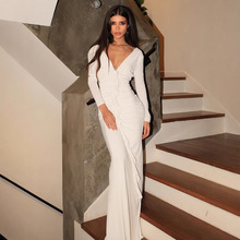 春夏新款V领立体花朵婚纱裙垂感褶皱长裙高级晚礼服女装速卖通