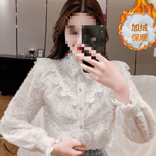 Women's Autumn/Winter New Fashion Court Style Collared Shirt, Uncommon Long-Sleeve Padded Lace Top