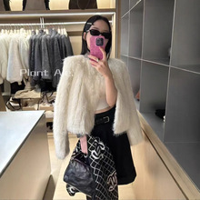 条纹环保皮草外套一短款毛毛外套仿真皮毛一体麂皮绒复合87797