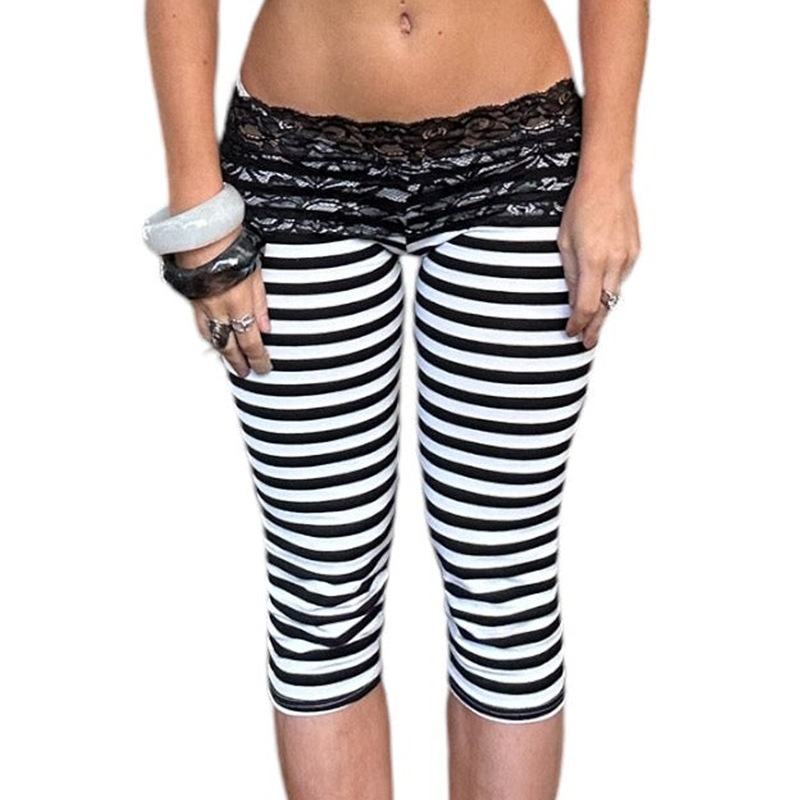 New European and American Style Striped Lace Waistband Slim-Fit Cropped Leggings, High Elasticity, Slimming, Versatile Outerwear Shorts for Women