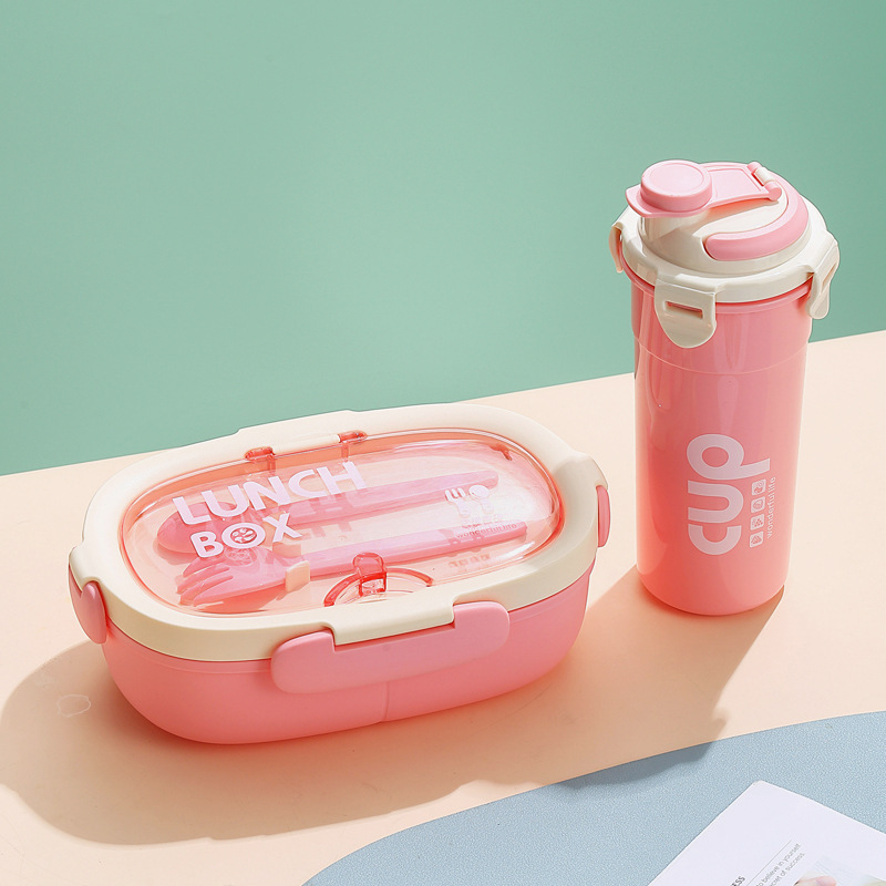 Caja de almuerzo elíptica simple con taza de agua, caja de almuerzo de estudiantes, oficina, caja de almuerzo portátil con cubiertos