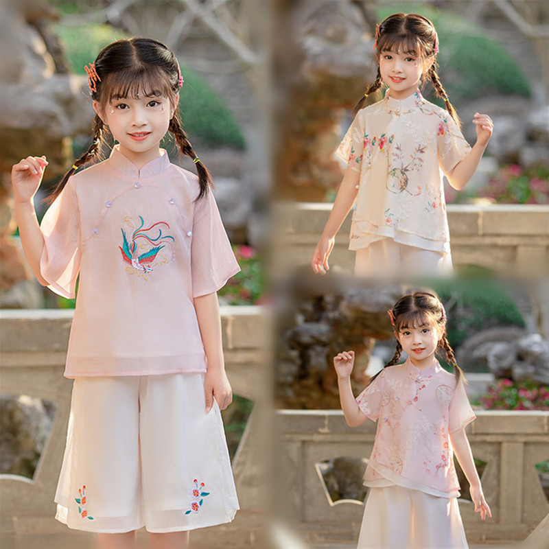 Children hanfu girls embroidery qipao dresses for baby improved tang suit cheongsam two-piece students of the republic of China costumes