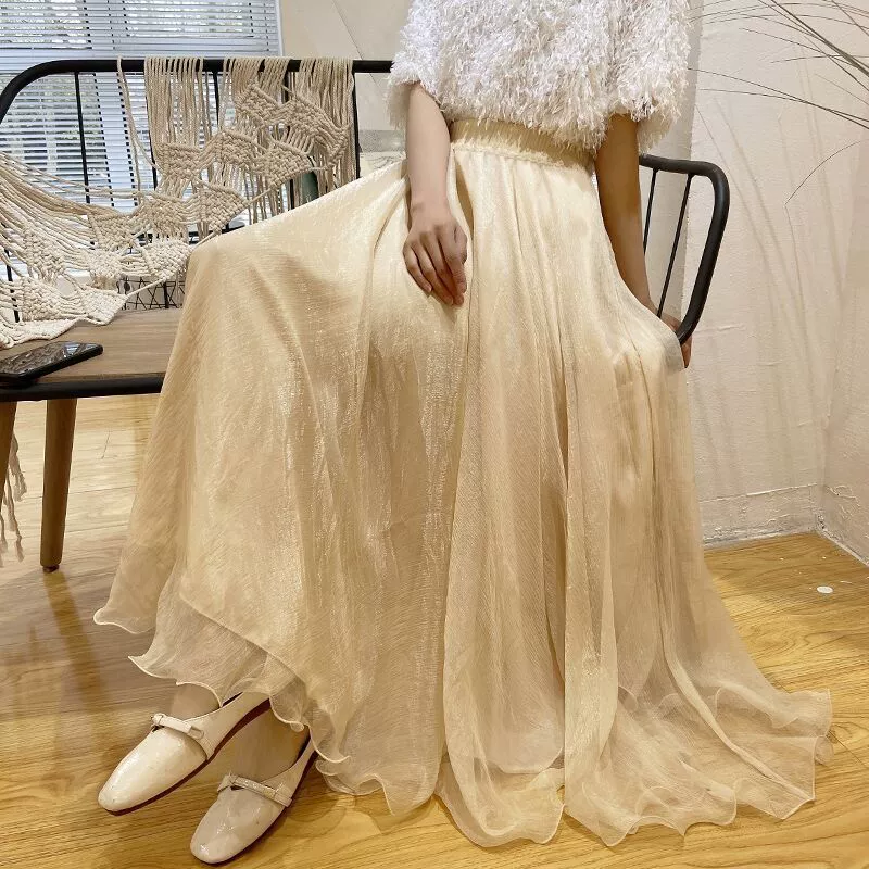 Весенне-летняя новая элегантная сетчатая юбка с волнистым краем и высокой талией, нежная, сверкающая, с большим подолом, длинная юбка, марлевая юбка