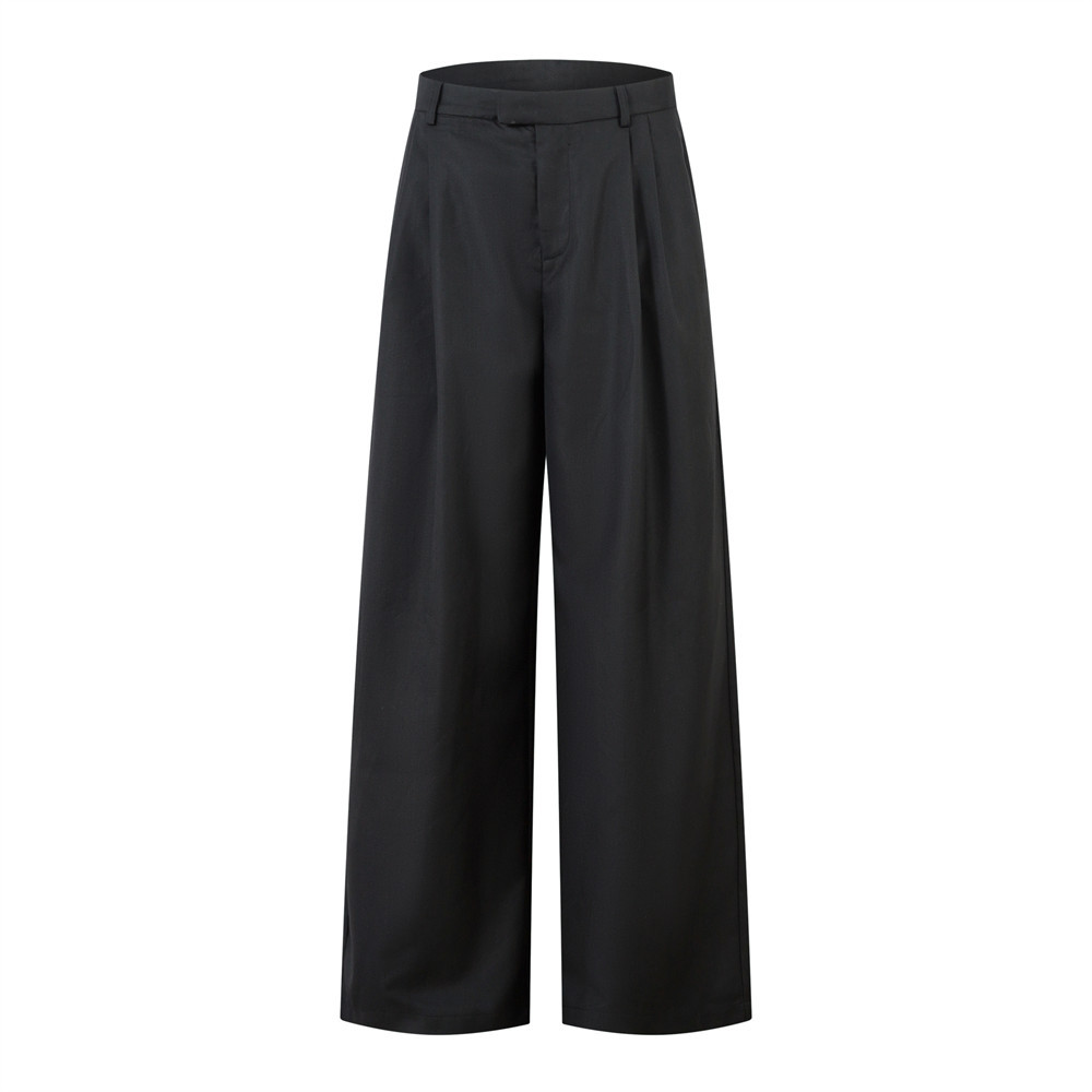 Costume décontracté et tendance pour homme, coupe ample, couleur unie, pantalon droit à jambes larges et drapé, design plissé._voghion.com