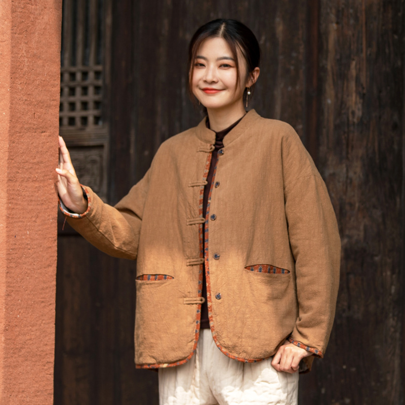Women's Padded Jacket Retro Floral Cotton Linen Quilted Coat_voghion.com