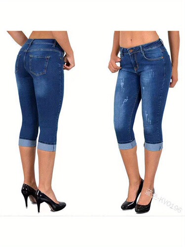 Women's Stretchy Slim Fit Capri Jeans Mid Length Straight