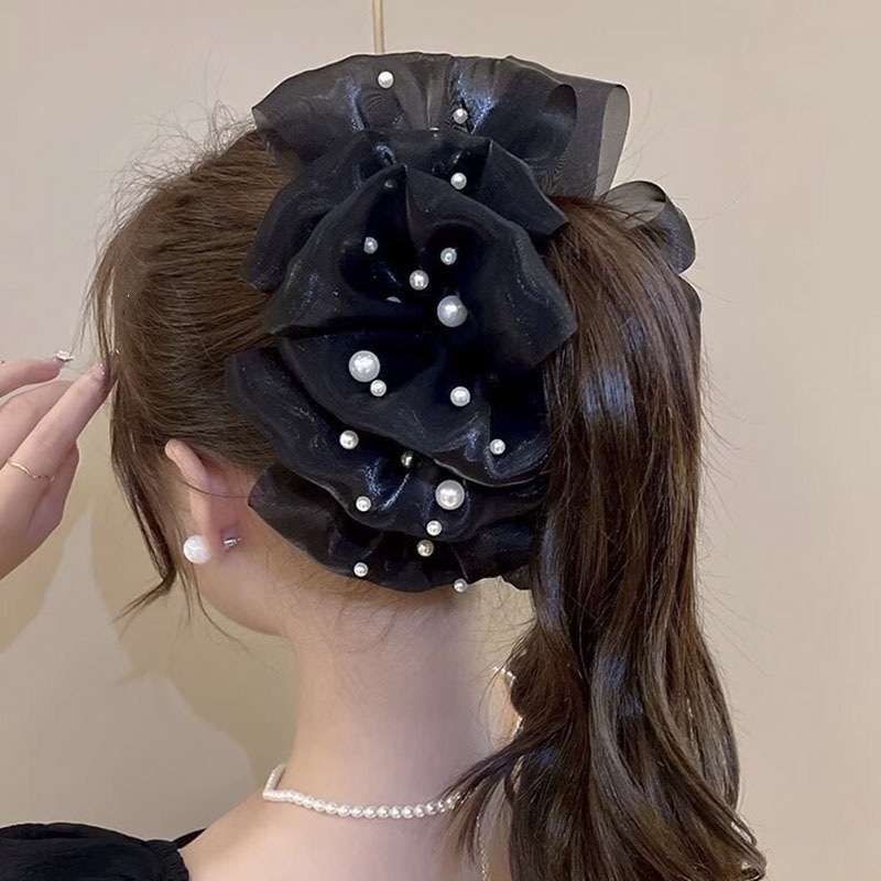 Satín de alta sensación, arco negro grande, clip de tiburón, toque de cabeza, clip de nube, clip de agarre, clip de cabello, tarjeta de cabello de mujer