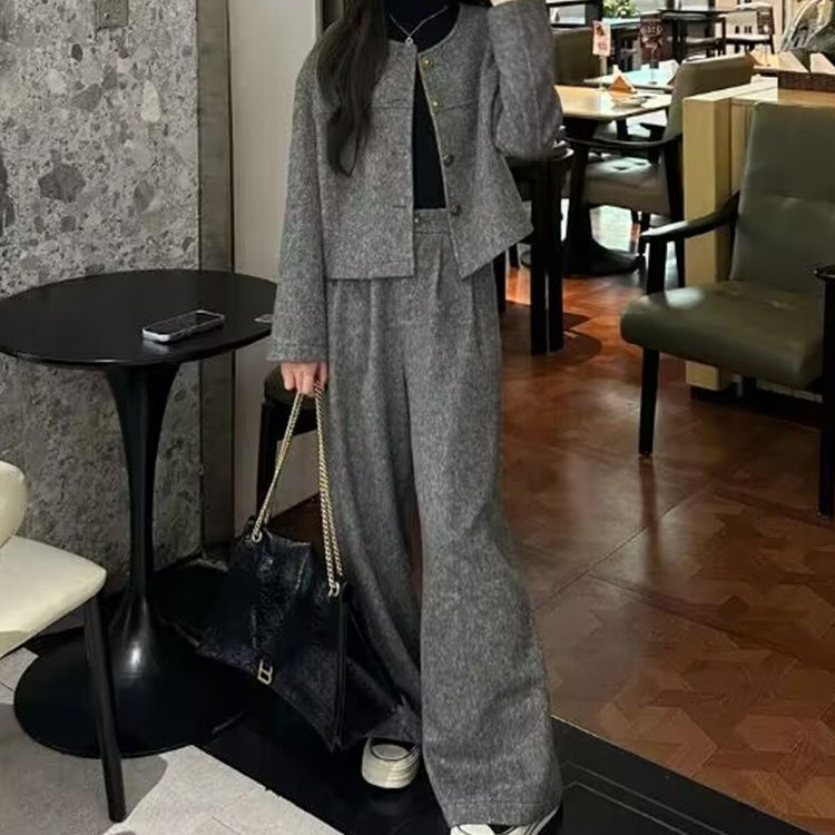 穿搭一整套高级感时尚套装女秋冬小香风毛呢外套休闲阔腿裤两件套|undefined
