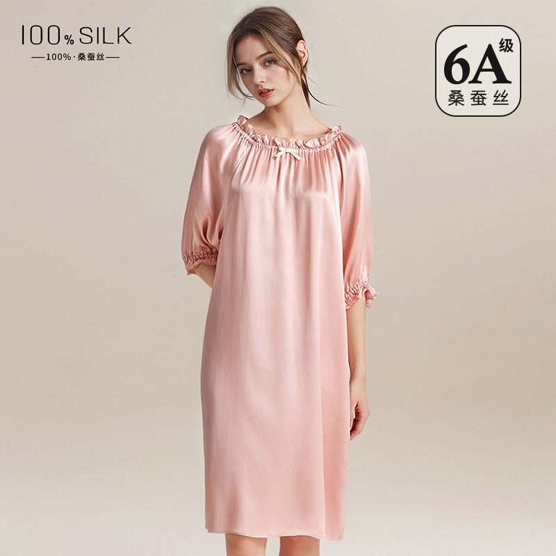 16 Mmi Silk Nightgown Women's Loose plus size Bubble Sleeve Long dress 100% Mulberry Silk Home Wear Pajamas
