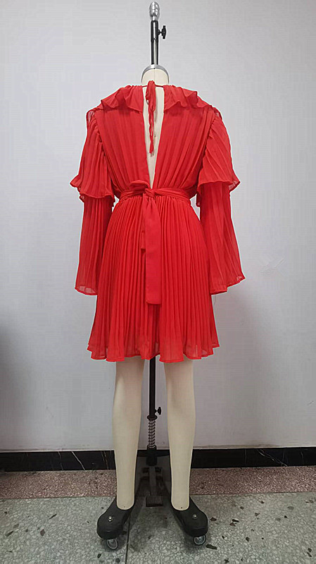 Summer New Arrival Women's Clothing Solid Color Fashion Dress V Neck Chiffon Pleated Tie Batwing Sleeve American Style_ecoleips.com