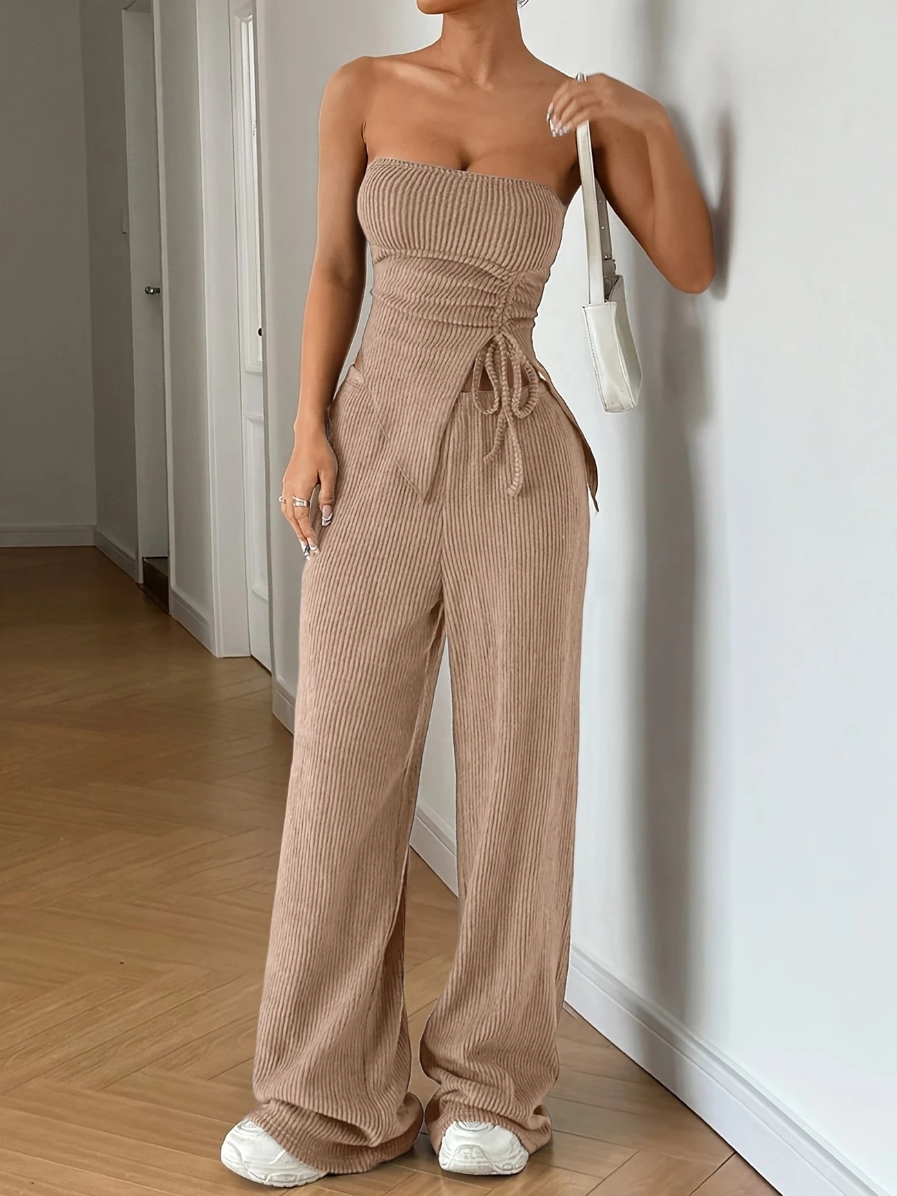 Completo pantalone donna estivo elegante top a coste con nodo_voghion.com