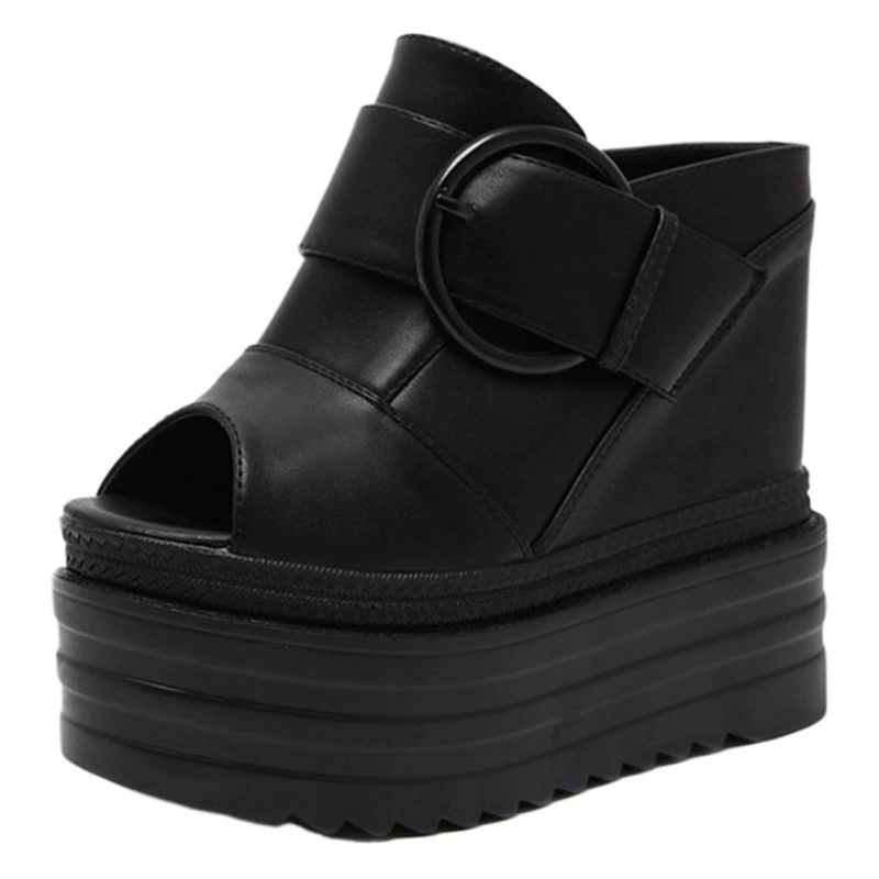 803-19 Туфли на танкетке на очень высоком каблуке Водонепроницаемые тапочки на платформе с толстой подошвой и пряжкой с поясом на платформе Летние женские сандалии с поднятием внутренней высоты