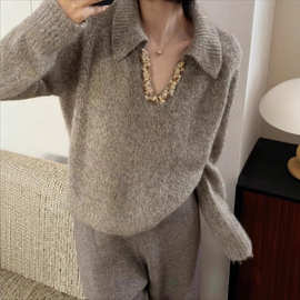 哥家商场同款女装2025秋季穿搭慵懒v领高级感超好看宽松针织毛衣