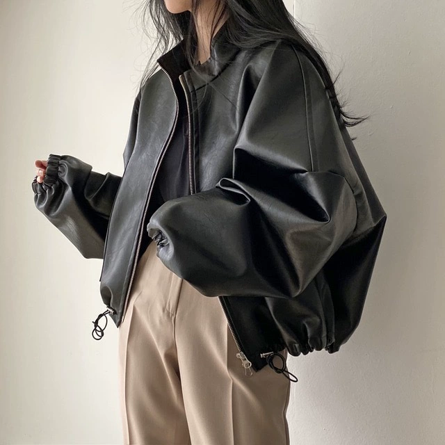 Leather Jacket (Hanfeng) Oversized Stand-up Collar, Large Pockets, Drawstring, Female