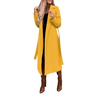 2023 cross-border Amazon European and American autumn and winter women's clothing solid color lapel long sleeve woolen coat simple bandage windbreaker