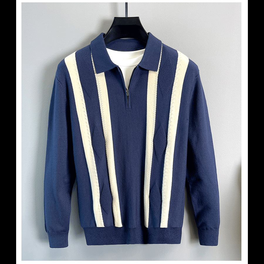 Men’s Half-zip Striped Knitted Polo Shirt Warm Autumn Winter Top_voghion.com