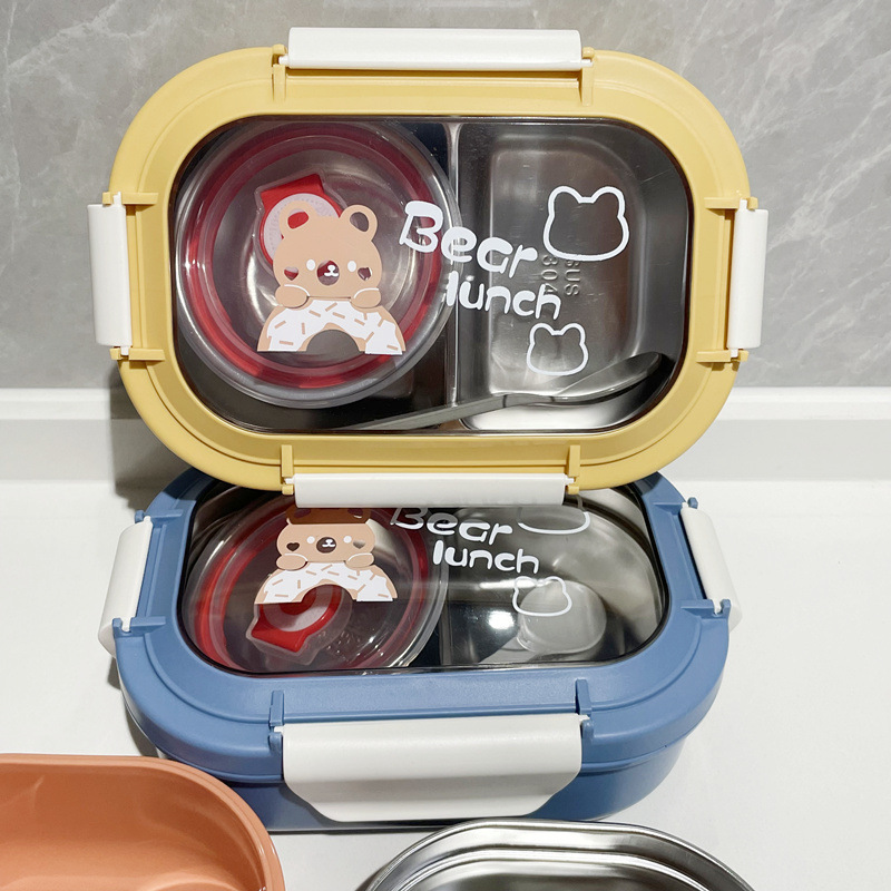 Caja de almuerzo de acero inoxidable 304 caja de almuerzo aislada lindo estudiante de escuela primaria de doble capa caja de almuerzo compartimiento placa con vajilla Tazón