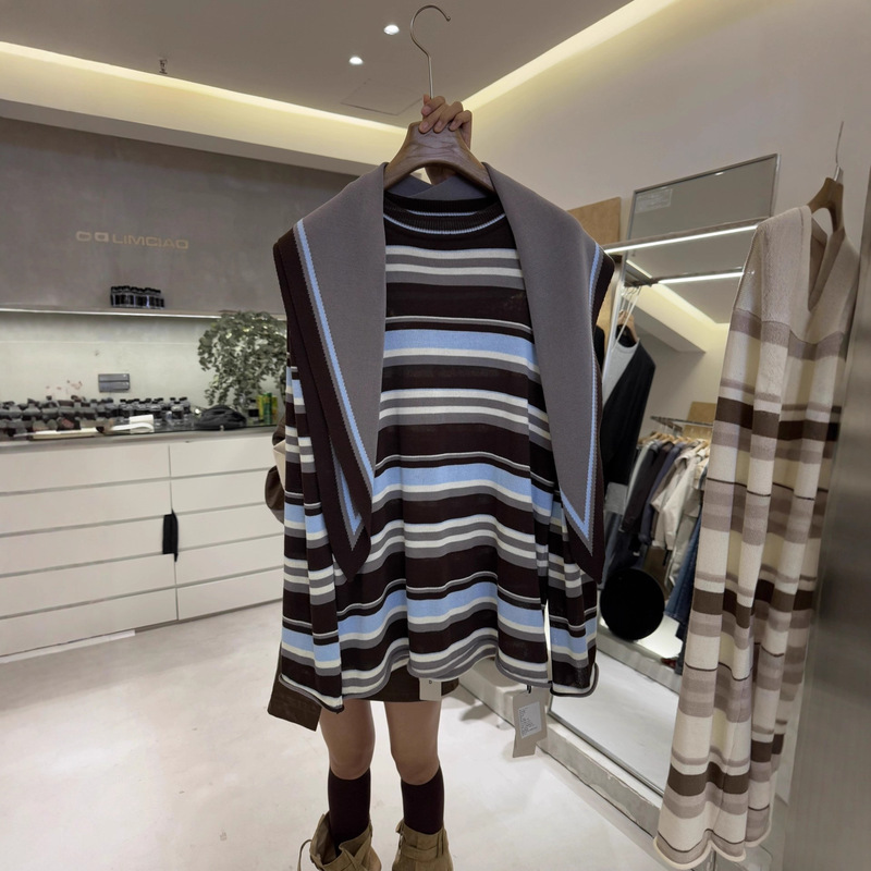 European Station 2026 Autumn New Lazy Style Striped Long Sleeve Knitted Sweater Women's Slimming Two-Piece Top Trendy Set European Station 2026 Autumn New Lazy Style Striped Long Sleeve Knitted Sweater Women's Slimming Two-Piece Top Trendy Set