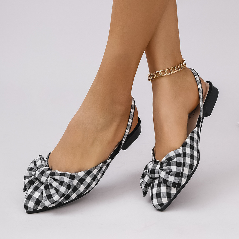 Bow Sandals Pointed Thick Heel High Heel Sandals Slippers European and American Striped Color-block Sandals plus size Foreign Trade Cross-border Women Bow Sandals Pointed Thick Heel High Heel Sandals Slippers European and American Striped Color-block Sandals plus size Foreign Trade Cross-border Women