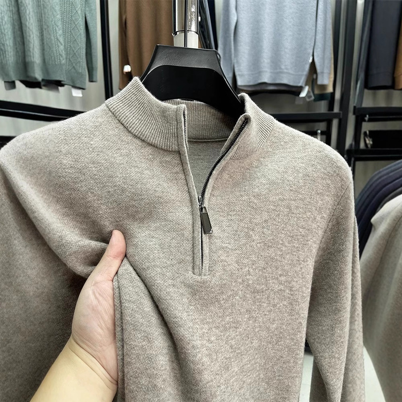 Pure Wool Sweater Men's Half-turtleneck Zipper Sweater Men's Thickened Warm Winter Solid Color Top Sweater Base Shirt