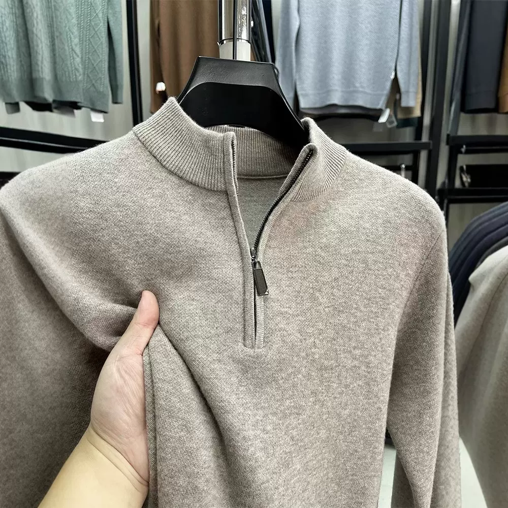 纯羊毛衫男半高领拉链毛衣男士加厚保暖冬季纯色上衣针织衫打底衫
