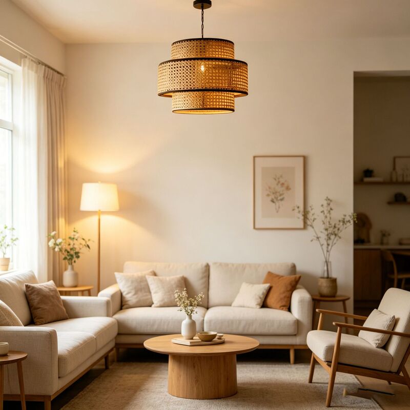 Light Luxury Bohemian Style Natural Rattan Three-Layer Hollow Lampshade Camping Style Courtyard Homestay Chandelier Lampshade