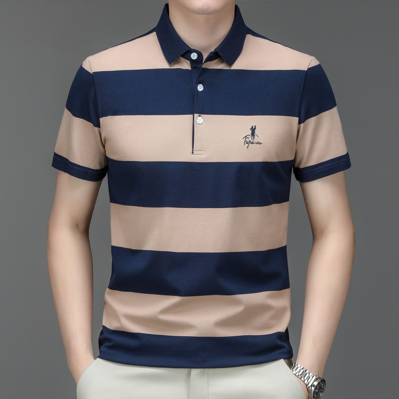 Mingdi Mouse 2024 Sommer Neues gestreiftes Kurzarm-T-Shirt mit Business-Kragen aus reiner Baumwolle, großes Herren-Poloshirt_voghion.com