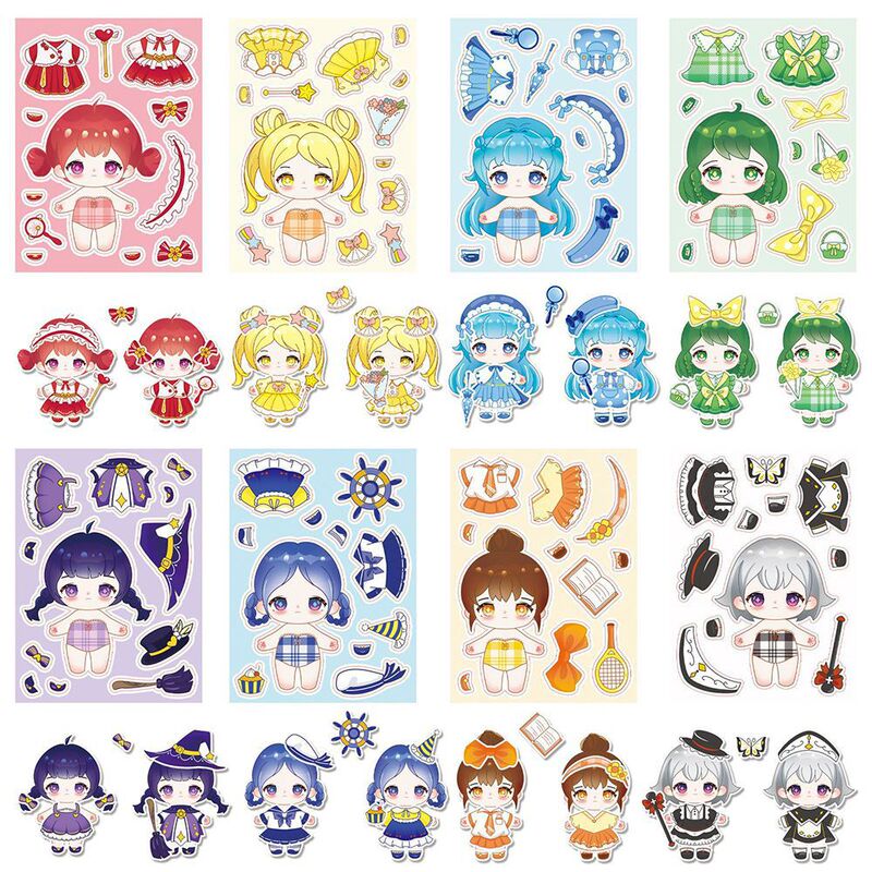 8 pieces of cute cotton doll puzzle stickers, featuring cartoon little girls in different outfits, for children's fun and creative activities